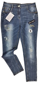 Alba Moda Jeans Hose Damen Größe 38 mit Badges Blau Ripped Damenjeans Sticker - Bild 1 von 5