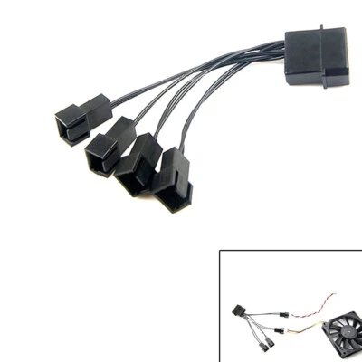 Black 12V Molex To 4 Way 3 Pin Computer Power Multi Fans Splitter Adapter Cable - Bild 1 von 4