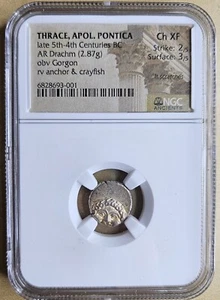 5th-4th C. BC Gorgon Drachm NGC Ch XF Greek Thrace Apollonia Pontica Lt Scratch - Picture 1 of 6