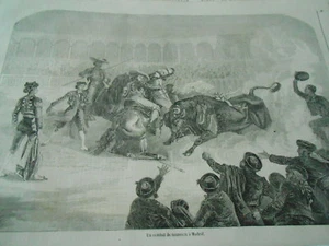 Gravure 1857 - Un Combat de Taureaux à Madrid - Foto 1 di 1