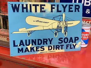 VINTAGE "WHITE FLYER LAUNDRY SOAP" EMBOSSED METAL SIGN, (13"x 9") NEAR MINT - Picture 1 of 7