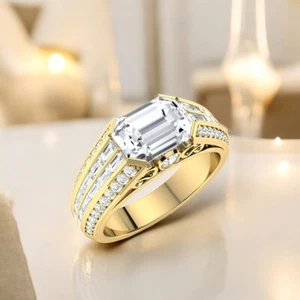 Gold 18K Solid Yellow Wedding Ring Emerald Cut 4 Ct IGI Lab Grown Diamond Mens - Picture 1 of 10