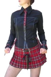 Goth Shirt Blouse, School Girl Uniform, Plaid & Vinyl Contrast, Lip Service - Picture 1 of 6