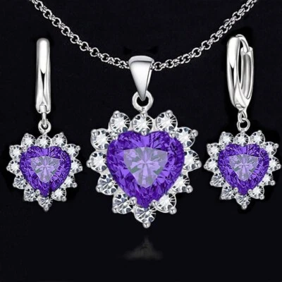 925 Sterling Silver Womens Amethyst Gemstone 18" Pendant And Earrings Necklace - Image 1 of 4