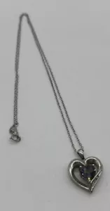 Vintage Sterling Silver 1” Heart Pendant Purple Crystal Stone On 18” Chain “MA” - Picture 1 of 5