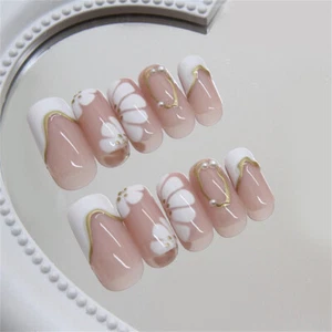 Medium Coffin Press-On Fake Nail Elegant White Flowers French Manicure 24pcs - Picture 1 of 7