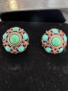 Joan Rivers Large Simulated Faux Turquoise Amethyst Earrings  NIB - Picture 1 of 8