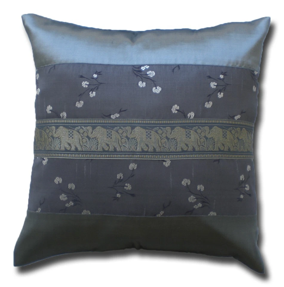 Grey Handmade Thaisilk Elephant & Floral Pillow Cover - 40x40cm Home Decor - Image 1 of 1