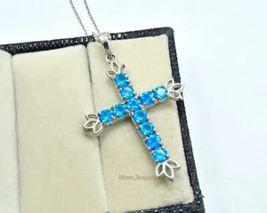 Natural Neon Apatite 925 Sterling Silver February Birthstone Holy Cross Pendant - Picture 1 of 5