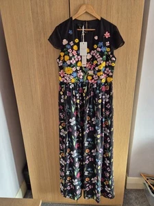 Maxi abito nero floreale nuovo con etichette Ted Baker £ 249 RARO taglia 5 UK 14 16 sera formale - Foto 1 di 10