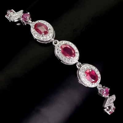 925 Sterling Silver Bracelet Oval Ruby 6x4mm Natural Gemstone Jewelry 7inches - Image 1 of 4
