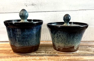 Set 2 Vtg Seagrove NC Pottery Lidded Canister Jars Blue Glaze Signed Callicutt - Picture 1 of 17