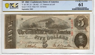 T-60 PF-24 1863 $5 Confederate Paper Money - PCGS-B Uncirculated 61! - Image 1 of 2