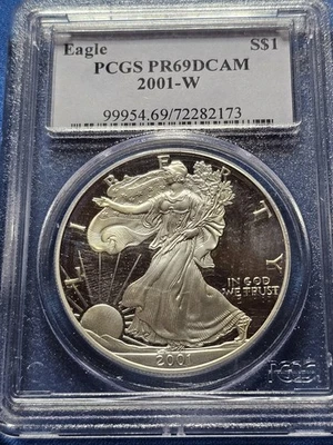 Dólar de plata American Eagle 2001-W prueba 1 oz graduación profesional PR69 DCAM  Foto 1 de 2