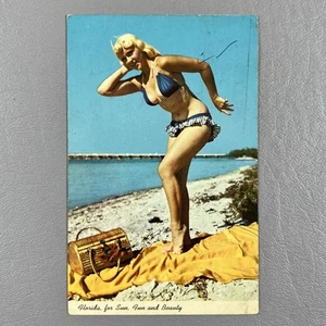 1960s Posted Postcard Bathing Beauty Bikini Blond On Florida Beach Sun Fun - Picture 1 of 2