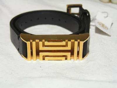 ...New TORY BURCH...Gold Tone Fitbit Holder Black Leather Wrap Bracelet... - Image 1 of 4