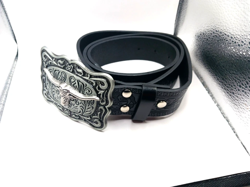 Western  Womens Black Leather  Belt Waist Size 29 To 34 +Silver Tone Buckle New  - Image 1 of 4