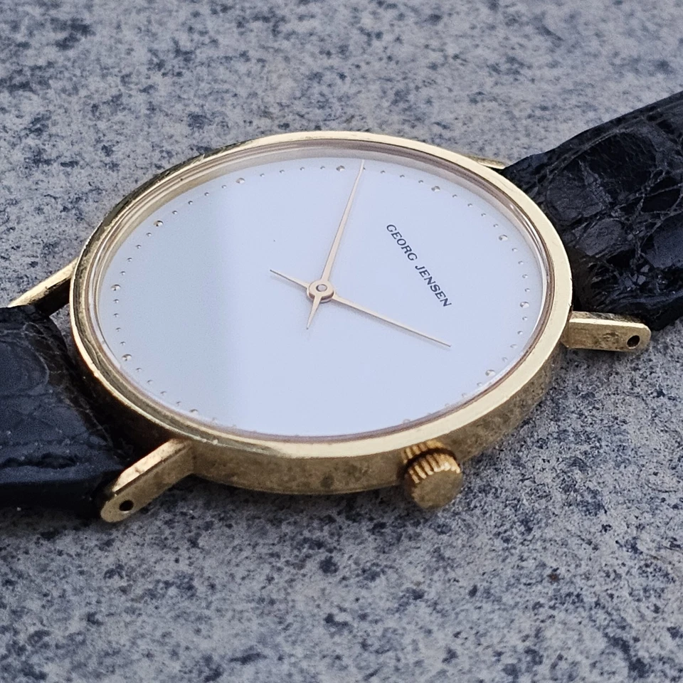 Georg Jensen 18k Gold Watch 1321 Slim  Henning Koppel Leather White Dial Mens - Image 1 of 4