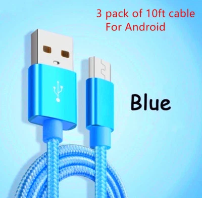3 Pack 10ft Micro USB Fast Charger Data Cable Braided Cord for Samsung Android - Image 1 of 4