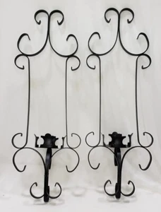 Pillar Candle Holder Sconces Pair Wall Hung Black Metal Scrollwork Dark Academia - Picture 1 of 10