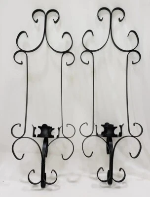 Wall Sconces Pair Black Dark Academia Wrought Iron Scrollwork Candle Holders - Image 1 of 4