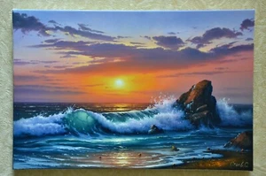 Paesaggio marino dipinto olio su tela, arte murale, pittura oceano, onde che rotolano verso il th - Foto 1 di 13