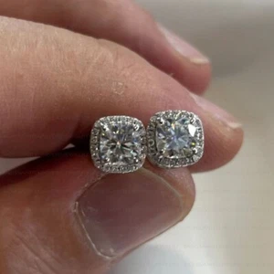 2.50CT Cushion Cut Moissanite Halo Push Back Stud Earrings 14K White Gold Plated - Picture 1 of 6