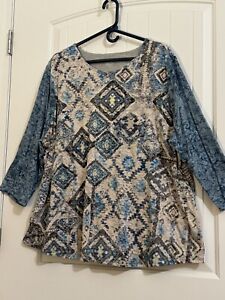 Coldwater Creek Lined Tunic 3X. Blue/Multi Geometric. Made In USA. Mach Wash/Dry