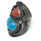 Vintage Unisex LARGE Navajo Sterling Silver Turquoise & Coral Ring SZ 11.75