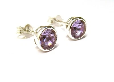 925 Sterling Silver Classic Amethyst Crystal Round Rub Over Stud Earrings 5 mm - Image 1 of 4