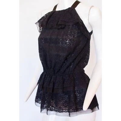 Oscar De La Renta Black Lace Halter Top with Two-Tier Ruffle Trim - Size 8 - Image 1 of 4