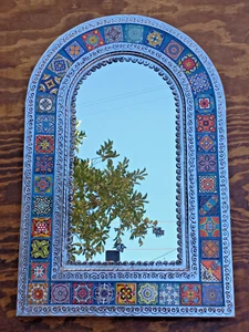 32" PUNCHED TIN MIRROR arched mixed mexican talavera tile, handmade - Picture 1 of 5