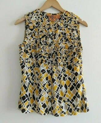 Tory Burch Logo Geometric Ruffle Tank Top Sz 2 silk brown yellow white EUC  - Image 1 of 4