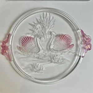 Vintage Mikasa Clear Glass Swan Circular Serving Plate Pale Pink Accent Handles - Picture 1 of 4