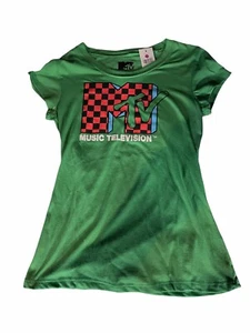 MTV Checker Logo Music Television Large Juniors Kelly Green T-Shirt NWT Official - Picture 1 of 3