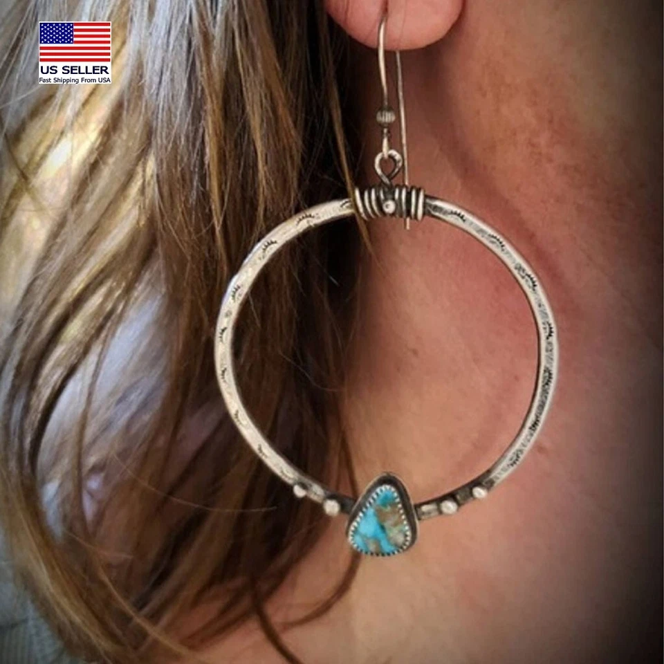 Moda Vintage Mujeres Pendientes Plata Turquesa Forjado Círculo Hecho a Mano 1525 Foto 1 de 4
