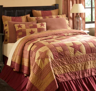 NINEPATCH STAR QUILT SHAM PILLOW SKIRT : ONE STOP SHOPPING - RED BROWN PRIMITIVE - Image 1 of 2