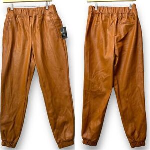 I.N.C Women's Medium Brown Faux Leather Jogger Pants Elastic Waist Pockets