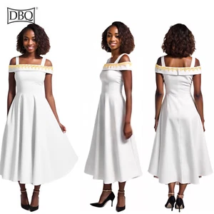 African Dress for Women Off Shoulder Belted Ruffle Hem A-Line Flowy Midi Dresses - Picture 1 of 21