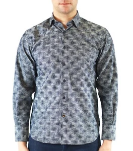 Luchiano Visconti Black Men's SZ M LS Shirt Grey Navy and Black Square Flocking - Picture 1 of 2