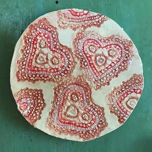 8.5" Primitive Ceramic Slab Plate Embossed Red Hearts Embossed Pottery Romantic - Picture 1 of 4