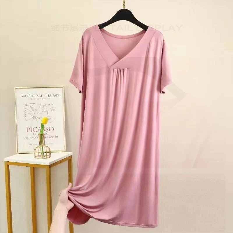 Women Modal Cotton Shortleeve Nightshirt Sleep Shirt Pajama Dress T-Shirt Plus - Image 1 of 4