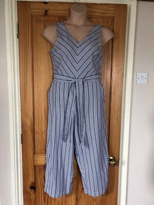 TU Sleeveless Cotton Rich Blue Stripe Crop Leg Jumpsuit ~ Size 10 L22 - Picture 1 of 9