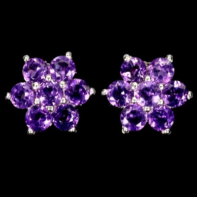 925 Orecchini Argento Sterling Rotondo Ametista 4mm Fiore Naturale Gemma Jewelry - Immagine 1 di 4