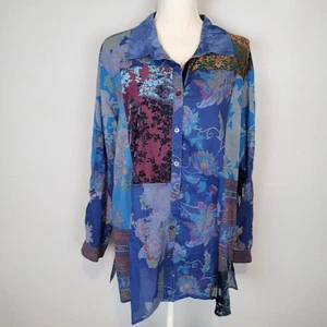 John Mark Button Down Patchwork Shirt Blue Art To Wear Mixed Media Velvet Sz 1x - Picture 1 of 21
