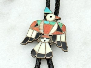 Vintage Zuni Bolokrawatte Sterlingsilber türkis stachelig Auster-Inlay Donnervogel - Bild 1 von 5