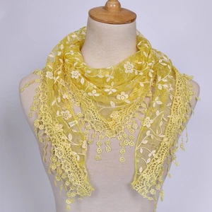 Lightweight Ladies Floral Lace Triangular Scarf Casual Tassel Accessory - Picture 1 of 28