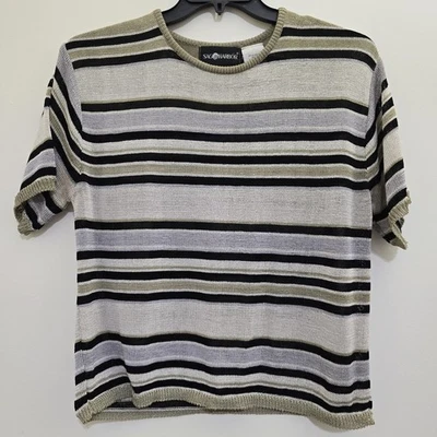 复古 SAG HARBOR XL 码条纹弹力半透明短袖上衣棕褐色黑色 — 第 1/4 张图片