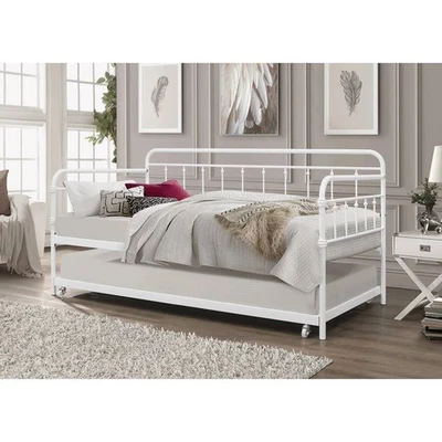 Twin Traditional White Rounded Iron Daybed with Roll Out Trundle Bed - Image 1 of 4