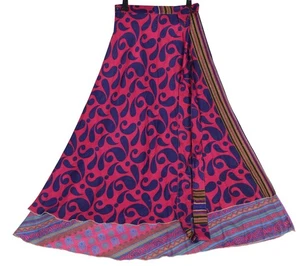 Sushila Vintage Dark Pink Saree Magic Wrap Reversible Skirt Art Silk BeachDress - Picture 1 of 8